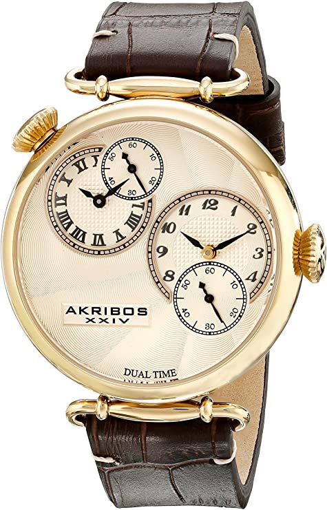Akribos XXIV Men's Dual Time Watch - Engraved Sunburst Guilloche Dial On Embossed Crocodile Pattern Leather Strap - AK796