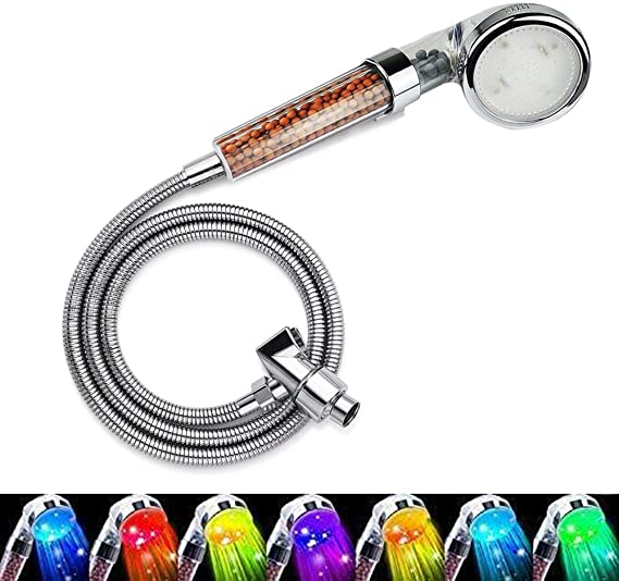 Nosame Led Shower Head with Hose, and Holder Ionic Filter Filtration High Pressure Water Saving 7 Colors Automatically No Batteries Needed Spray Handheld Showerheads for Dry Skin & Hair