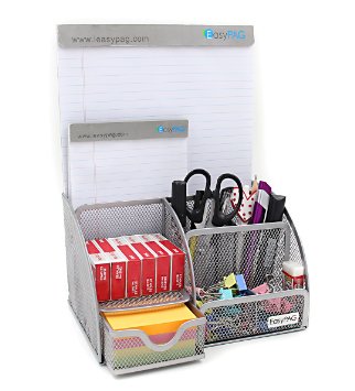 EasyPAG Mesh Desk Organizer 6 Compartment Office Supply Caddy with Drawer , Sliver
