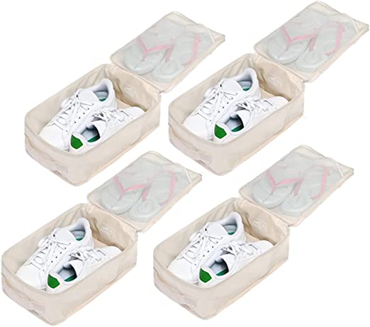 Travel Shoe Bags, Foldable Waterproof Shoe Pouches Organizer-Double Layer (4 Cream Shoe Bag)