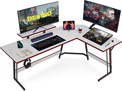 DESINO L Shaped Gaming Desk 150 x 120 cm, Ergonomic Computer Corner Gaming Desk, Large PC Writing Table with Monitor Stand, Stable Metal Legs Gamer Workstation for Home Office, White