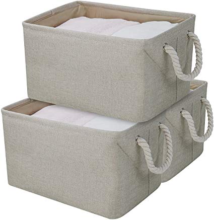 16X11X9 inches,Folding Natural Cotton Storage Box for Toy Organizer, Perfect for Office,Home, Nursery, Pack of 3,Beige