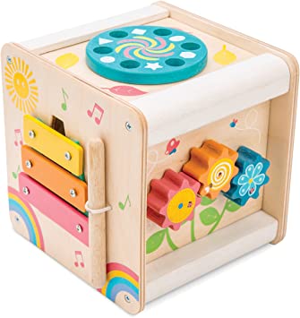 Le Toy Van - Wooden Educational Multi-Sensory Activity Cube with Spinning Wheel | Petilou Range Wood Baby Toy | Suitable for Boy Or Girl 1 Year Old