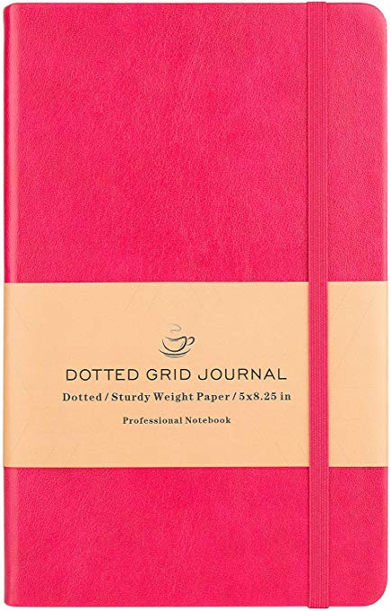 Dotted Grid Notebook/Journal - Dot Grid Hard Cover Notebook, Premium Thick Paper with Fine Inner Pocket, Rosy Smooth Faux Leather, 5''×8.25''
