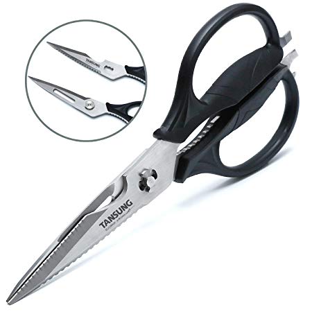 TANSUNG Multifunction Come-Apart Kitchen Shears, 9.25" Scissors for Chicken, Poultry, Fish, Meat, Vegetables, Herbs, and BBQ's, Ultra Sharp Blades - Peeler, Bottle Opener (Black)