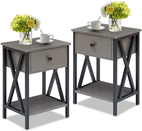 VECELO Vintage Nightstand, End Side Table with Drawer and Shelf, Home Decoration for Living Room Bedroom, X-Shape Legs and Water-Proof Surface, Hemp Gray, (Set of 2)