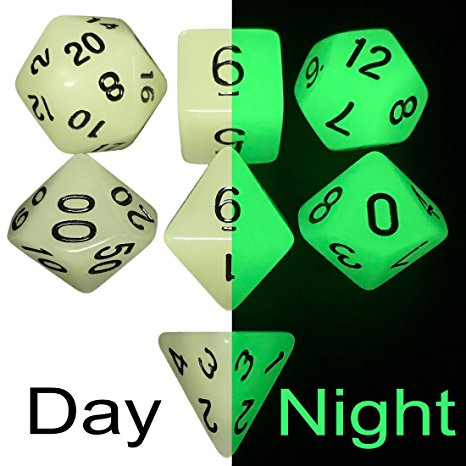 Set of 7 Glow in the Dark RPG Dice D4 D6 D8 D10 D% D12 D20 Multi-Sided Dice