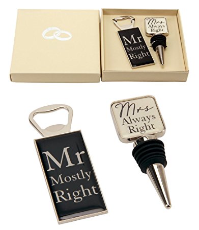 "Mr Right & Mrs Always Right" Wine Bottle Stopper and Opener Special Gift Set By Haysom Interiors