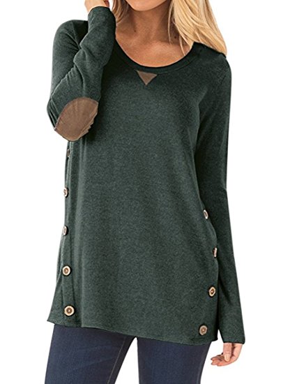 NICIAS Womens Side Buttons Long Sleeve Casual Crew Neck Elbow Patched Sweatshirt Loose T Shirt Blouses Tops