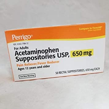 Perrigo Acetaminophen Suppositories USP, 650 mg Pain Reliever/Fever Reducer, 50 ea