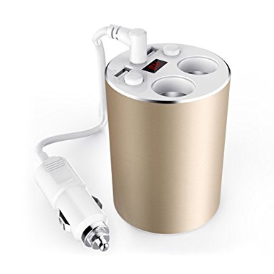 iMagitek 2 USB Car Cup Charger with 2-Socket Cigarette Lighter Splitter for iPhone, iPad, Samsung, Andriod Smartphones, Tablets, GPS, Dashcam and more - Gold