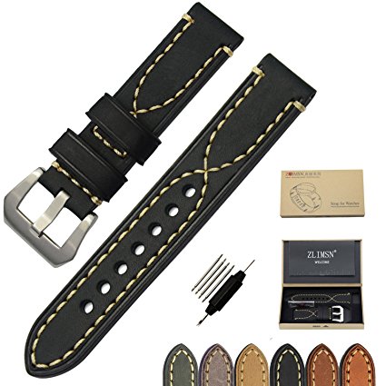 ZLIMSN Genuine Leather Watchbands for Men 20mm 22mm 24mm 26mm Wristwatch Watch Band Belt Black Brown Strap Replacement