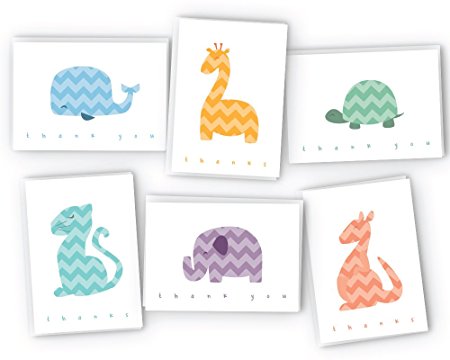 Chevron Animals Around the World Baby Thank You Cards - 48 Cards & Envelopes