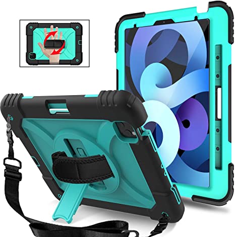 MENZO New iPad Air 4 Case with Shoulder Hand Strap, 3-layer Rugged Protective iPad Air Case with Pencil Holder Stand for iPad Air 4th Generation 10.9”/Pro 11 inch 2020 2nd Gen/2018 1st Gen, Mint Green