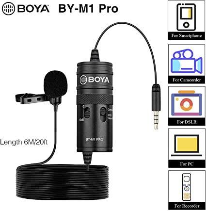 BOYA BY-M1 Pro Omnidirectional Lavalier Condenser Microphone with Mic Gain control & Headphones-out, Compatible with iPhone Android Smartphone DSLR Camera Camcorder Audio Recorder YouTube(20ft Cable)