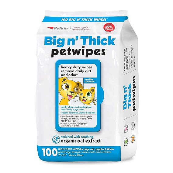 Petkin Big n' Thick Petwipes for Dogs and Cats, Wipes Away Daily Dirt and Odor, Cleans Face, Ears, Body and Eye Area, Super Convenient, Ideal for Home or Travel 100 Wipes