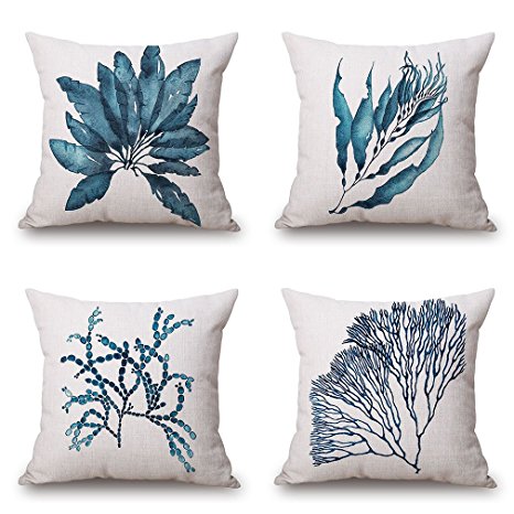 BPFY 4 Pack Home Decor Cotton Linen Watercolour Pattern Sofa Throw Pillow Case Set of 4 Cushion Cover 18 x 18 Inch