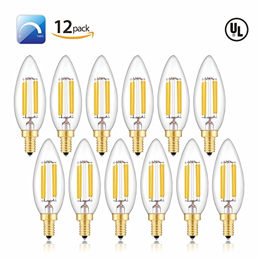 Hizashi 12 Pack Fully Dimmable 90  High CRI 40W Equivalent E12 450 Lumen Deep Dimming B10 CA10 No Strobe LED Candelabra Bulbs Warm White/Soft White, No Strobe UL Listed