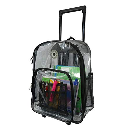Rolling Clear Backpack Heavy Duty Bookbag Quality See Through Workbag Travel Daypack Transparent School Book Bags with Wheels Black