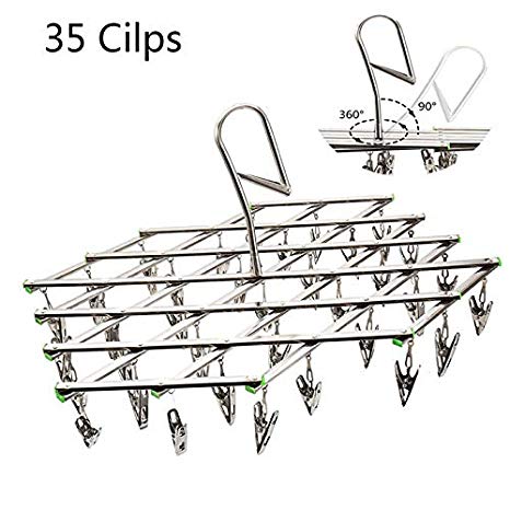 Stainless Steel Drying Rack with 35 Clips, Wind-proof Buckle 360° Rotary Foldable Portable Clothes Airer Pegs for Clothes Socks Underwear