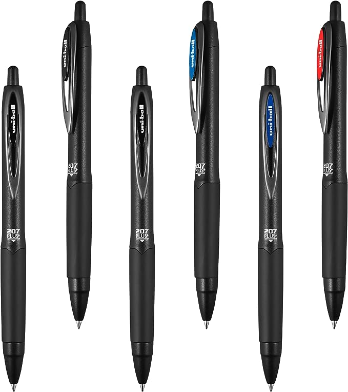 uniball 207 Plus  Retractable Gel Pens 6 Pack in Assorted Colors with 0.7mm Medium Point Pen Tips - Uni-Super Ink  is Smooth, Vibrant, and Protects Against Water, Fading, and Fraud