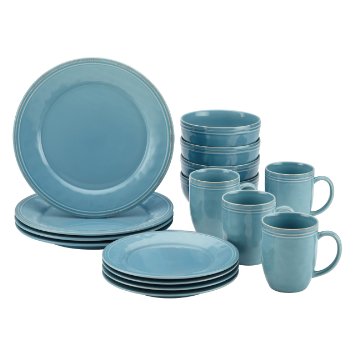 Rachael Ray 55093 Cucina 16-Piece Stoneware Dinnerware Set, Agave Blue