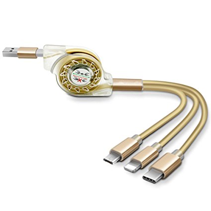 Multi Charger Cable,J2CC Multi USB Charger Retractable 3 in 1 USB Cable with 8 Pin Lightning, USB C, Micro USB Charger Connector for Android & iPhone Smartphones, iPad Tablets[3.3 Feet(1M) Gold)]