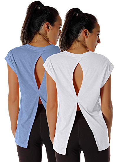 icyzone Open Back Workout Top Shirts - Yoga t-Shirts Activewear Exercise Tops for Women(Pack of 2)