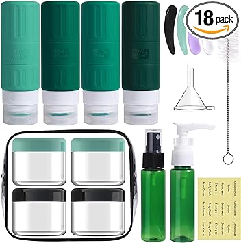 GLAMFIELDS Travel Bottles for Toiletries,TSA Approved 3.3oz Size LeakProof Silicone Toiletry Containers for Shampoo, Conditioner,Easy to Squeeze，Portable Travel Essentials for Lotion(18 Pack) Green