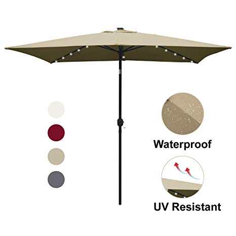 ABCCANOPY Rectangular Patio Umbrella Solar Powered Outdoor Umbrellas Market Table Umbrella with 26 LED Lights, Tilt and Crank for Patio Deck and Pool, 6.6 by 9.8 Ft (Tan)