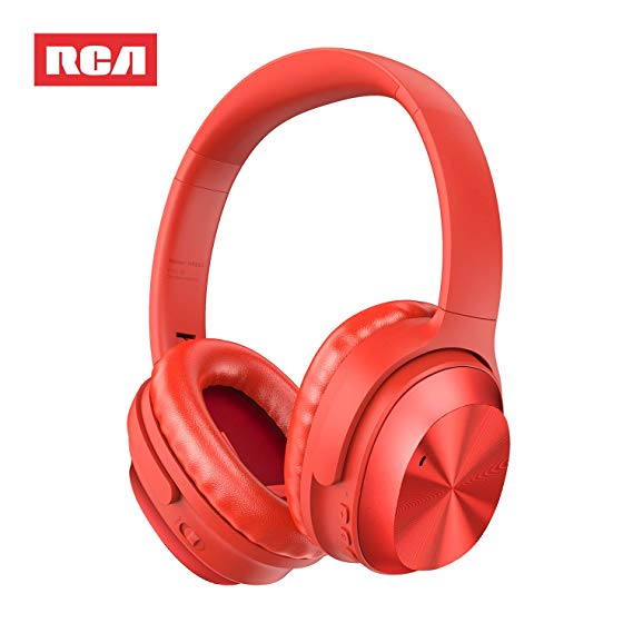 Active Noise Canceling Headphones, RCA Bluetooth 5.0 Headphones Over Ear Wireless Headphones with Mic, Foldable Soft Protein Earpads, 25Hrs Playtime for Travel Work TV PC Cellphone（Red）