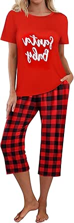 Ekouaer Womens Pajamas Set Short Sleeve Pajama for Women Sets Sleepwear Tops with Capri Pants Pj Set