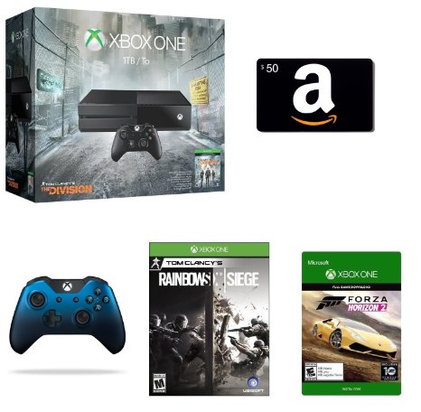 Xbox One 1TB Console - The Division Bundle   $50 Amazon Gift Card [Physical Card]   Rainbow Six Siege [Physical Disc]   Xbox One Special Edition Dusk Shadow Wireless Controller   Forza Horizon 2 [Emailed Digital Code]
