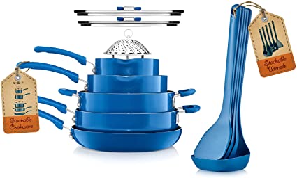 NutriChef Kitchenware Cookware, Non-Stick Pans and Pots with foldable Knob, Space Saving, Stackable, Nylon Tools, Induction Base, Blue (17-Piece Set), One Size