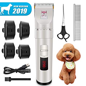 【New Version】Dog Clippers, Heavy Duty Electric Low Noise Pet Hair Grooming Kit with Detachable Blades & LED Screen Indication, Professional Rechargeable Cat Hair Shaver for Dogs Cats All Pets