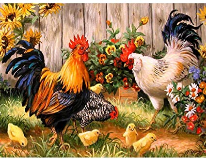 Petift DIY 5D Diamond Painting by Number Kit for Adult,Crystal Rhinestone Full Drill,Drill Canvas Bead,Rooster Hen Chicks,Cross Stitch Stickers Arts Craft Kits for Home Wall Decoration(14x18inch)