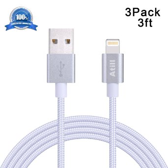 Atill 3 Pack 3FT iPhone Nylon Braided Charging Cord Lightning to USB Cable for iPhone SE, 6s 6s  6plus 6, 5s 5c 5, iPad Air mini mini 2, iPad 4, iPod 5, and iPod 7 on iOS 9 (Popular Silver)
