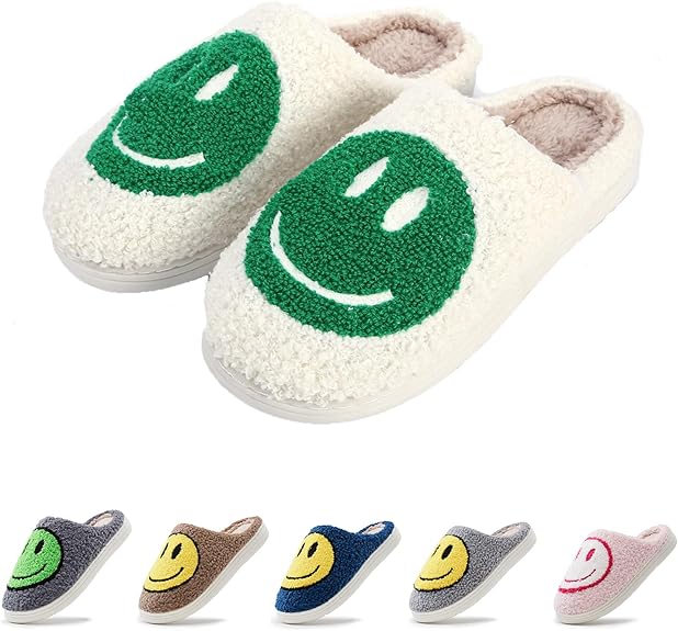 rosyclo Women and Men Cute Smile Face Slippers，Retro Happy Face Slippers Warm Soft Plush Slip-on Preppy House Slippers for Winter Indoor Outdoor Soft Cushion Non-slip Fuzzy Flat Slippers