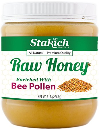 Stakich BEE POLLEN Enriched RAW HONEY - 100% Pure, Unprocessed, Unheated - 5 lb (80 oz)