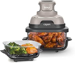 Ninja Crispi Air Fryer, Microwave, Freezer & Dishwasher Safe, Non Toxic Glass Portable Cooking System, 4 QT & 6 Cup Glass Containers with Storage Lids, Easy Meals, Air Fry, Bake, Stone, FN101ST