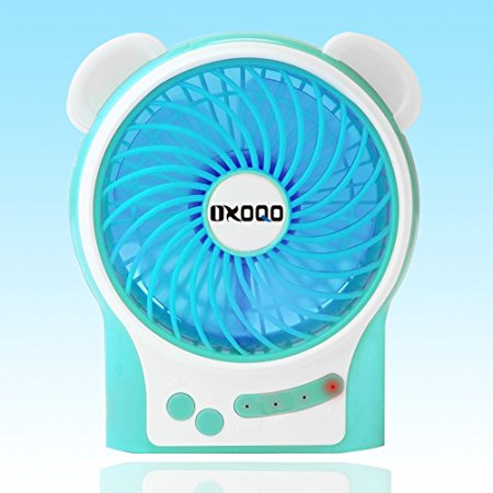 Portable USB Mini Fan, OXOQO Desk Desktop Table Electric Quiet Fan with LED Light, Built-in 2500mah Rechargeable Battery for Room Office Outdoor Travel Camping Car, Blue