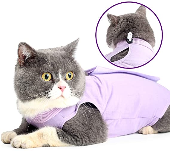 Cat Professional Recovery Suit for Abdominal Wounds or Skin Diseases, E-Collar Alternative for Cats and Dogs, After Surgery Wear, Pajama Suit (L, Purple)