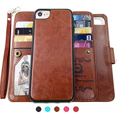 iPhone 7 Cases,Magnetic Detachable Lanyard Wallet Case with [9 Card Slots ID Window][Kickstand] for iPhone 7-4.7 inch, CASEOWL 2 in 1 Folio Flip Premium Leather Removable TPU Case(Brown)