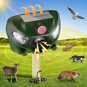 Animal Deterent, Solar Powered Ultrasonic Animal Control Device with Motion Sensor and FIashing Light, Waterproof Outdoor Animal Repellent for Deer Squirrel Raccoon Cat Bobcats, Sound Frequency 18kHZ