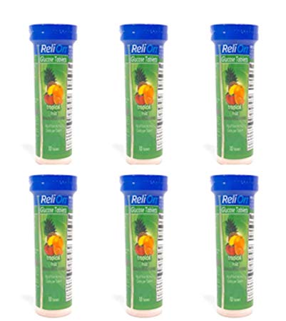 ReliOn Tropical Flavor Glucose Tablets - 6 Pack of 10 Tablets Tube