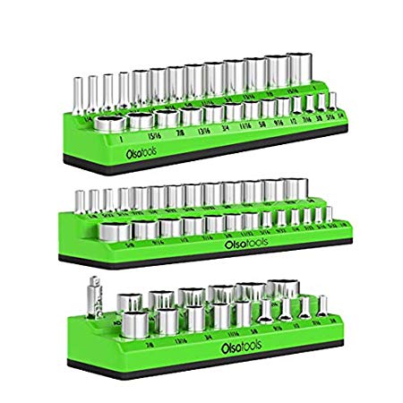Olsa Tools Magnetic Socket Organizer | 3 Piece Socket Holder Kit | 1/2-inch, 3/8-inch, 1/4-inch Drive | SAE Green | Holds 68 Sockets | Premium Quality Tools Organizer