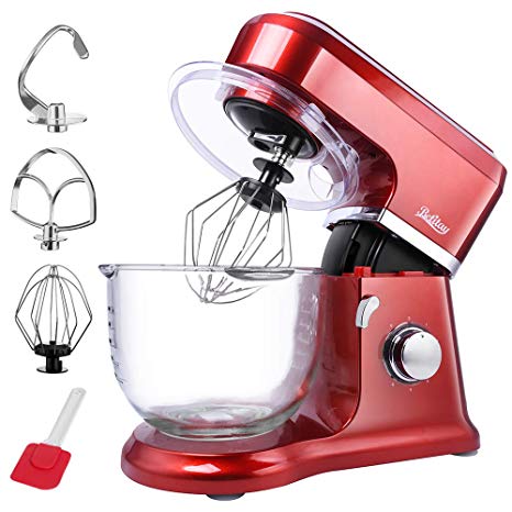 【Upgraded】Betitay Electric Stand Mixer wth 4.0-Quart Glass Bowl, 6 Speeds Adjusted   Pulse Function, Tilt-Head Kitchen Dough Mixer with Pouring Shield and Silicone Brush, Empire Red