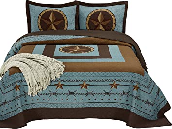 Chezmoi Collection Tucson 3-Piece Western Star Cabin Lodge Design Soft-Washed Quilt Set Oversized 118" x 106"(King, Turquoise)