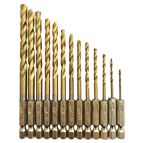 Drill Bit Set 13 PCS Titanium High Speed Steel Quick Change 1/4” Hex Shank Regular Drilling Tools for Daily Use.