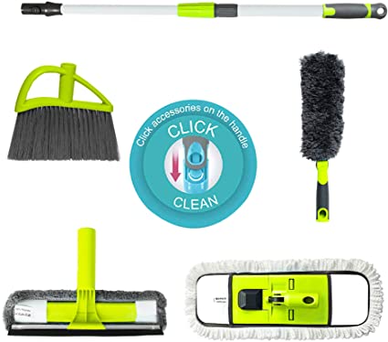 Guay Clean Home Cleaning Kit with Telescopic 4 Ft Pole - Includes: Microfiber Mop 360 Degrees Rotatable Duster Broom and 2-in1 Window Cleaner - 4 Piece Multi-Function Attachments - Green